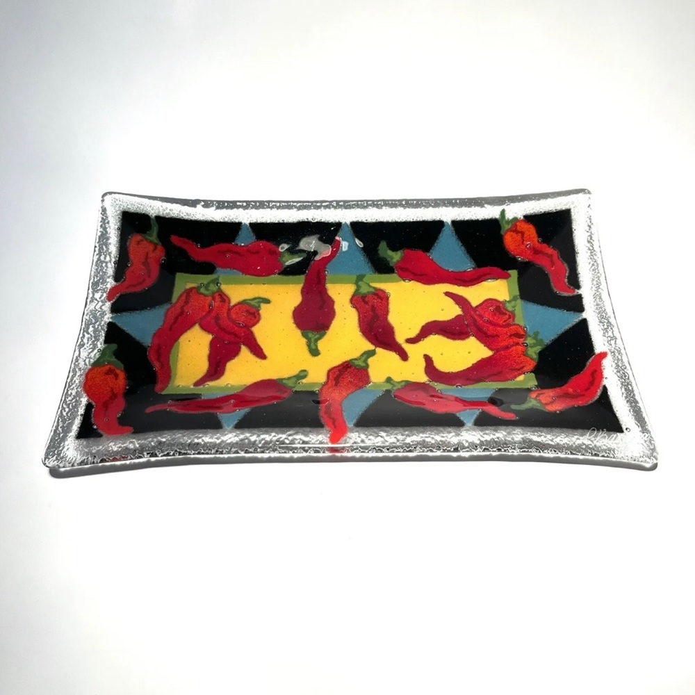 Peggy Karr Signed Fused Art Glass Rectangular Plate Tray Chili Peppers